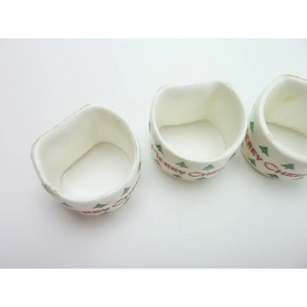 Vintage Ceramic Christmas Tree Napkin Ring Holders White Green Set of 4 Vtg